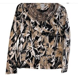 Chico's Jacket Size 1, Medium Tan Black White Floral Beading Rhinestone Art (PF)
